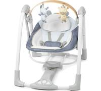 INGENUITY Transat bébé Balancelle électrique pliable Chambray, arche d'éveil en bois, 5 vitesses de balancement, 8 mélodies