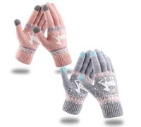 INGJIA 2 Paires Gants Femme Hiver Chaud Tactile Gants à Ecran Tactiles Tricotés Douce Motif de Elaphurus Mignon - Blanc/Gris - Taille Unique