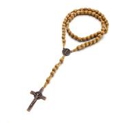 INGJIA Collier Chapelet Croix Catholique, Perles de Prière en Bois Naturel avec Croix Médaille Jésus Christ Saint Benoît, pour Chrétiens Catholiques Communion Religieuse, Baptême, Messe, Bible