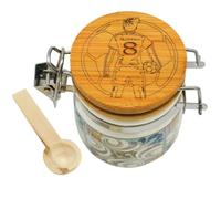 Ingrosso e Risparmio Bonbonnière de communion, 1 pièce, avec motif faïence avec bouchon en bois avec ballon personnalisable avec nom et date économique standard avec cuillère