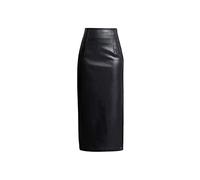 INGVY Jupes plissées longue jupe en cuir noir taille haute midi avec fente latérale fermeture éclair (couleur : noir, taille : L)