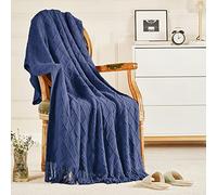 inhand Couverture tricotée Douce avec Pompons, pour canapé et lit, pour canapé et lit, pour extérieur, décoration d'intérieur, pour extérieur, légère et Respirante, Style Ferme, 127 x 152,4 cm, Bleu