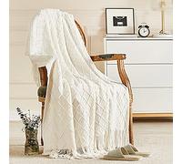 inhand Couverture tricotée pour canapé et lit, Douce et Confortable avec Pompons, Couverture décorative légère et Chaude de Style Rustique pour Homme et Femme, Blanc cassé, 152,4 x 203,2 cm
