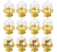 inheming 12 Pièces Mini Présentoir à Gâteaux en Plastique avec Couvercle Dôme,Mini Support à Gâteau Transparant pour Bonbon Cupcake Macaron - Or