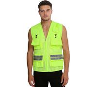 inhzoy Adultes Gilet D'activité Bénévole En Résille Pour Journaliste Homme Manteau Gilet Sans Manches Travail Extérieur Vert Fluo XL