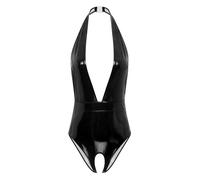 inhzoy Bodysuit Ouvert Entrejambe Femme Body Lingerie de Nuit en Cuir Wetlook Sexy Combinaison Col V Pprofond Combishort Ouvert Fesse Dos Nu Romper S-4XL A Noir M