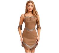 inhzoy Costume De Pocahontas pour Femmes Déguisement Halloween Robe De Princesse Guerrière Amérindienne Brun M