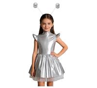 inhzoy Costumes D'aliens En 2 Pièces Pour Filles Robot L'espace Avec Serre-tête Costume D'extraterrestre Enfants Tenue Soirée Cinéma Argent 9-10 ans
