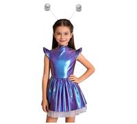 inhzoy Costumes D'aliens En 2 Pièces Pour Filles Robot L'espace Avec Serre-tête Costume D'extraterrestre Enfants Tenue Soirée Cinéma Argent coloré 13-14 ans