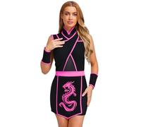 inhzoy Déguisement Samouraï Ninja Femme Robe Moulante Col Montant Sans Manches Pour Carnaval Cosplay Rose vif XL