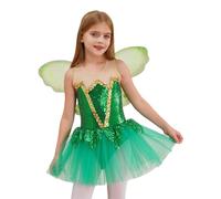 inhzoy Enfant Fille Déguisement Costume Fée Clochette Robe de Fée Elfe avec Ailes de Papillon Cospaly Lutin Halloween Carnaval 6-16 Ans Vert 15-16 ans