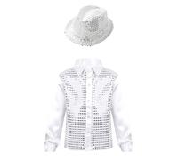 inhzoy Enfant Garçon Fille Chemise Paillette avec Chapeau Sequins Brillant Costume Danse Moderne Jazz Vêtements Danse Hip-hop Disco Performance Déguisement 4-14 Ans A Blanc 13-14 Ans