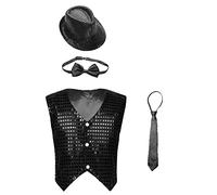 inhzoy Enfant Garçon Gilet à Paillette Danse Moderne Jazz Chapeau Cravate Sequins Brillant Vest Danse Rue Hip-hop Costume Danse Disco Performance 8-14 Ans Z2 Noir 12-13 ans
