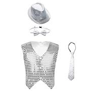 inhzoy Enfant Garçon Gilet à Paillette Danse Moderne Jazz Chapeau Cravate Sequins Brillant Vest Danse Rue Hip-hop Costume Danse Disco Performance 8-14 Ans Z2 Argenté 9-10 ans