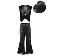 inhzoy Enfant Garçon Gilet à Paillettes Pantalon Evasé et Chapeau Sequins Costume Jazz Moderne Contemporaine Tenue Disco Danse Spectacle Dancewear 6-16 Ans A Noir 6-7 Ans