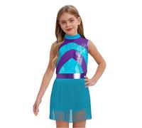 inhzoy Enfants Filles Paillettes Franges sans Manches Hip-Hop Gymnastique Cha-Cha Danse Performance De Scène Compétitions Danse Latine Jazz Bleu Clair 7-8 Ans
