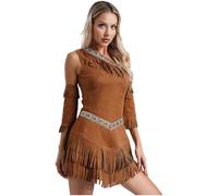 inhzoy Femme Déguisement Costume Princesse Guerrière Native Indienne Carnaval Fête Halloween Vintage Robe Hippie à Franges S-4XL Marron 4XL