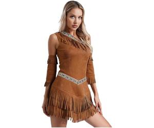 inhzoy Femme Déguisement Costume Princesse Guerrière Native Indienne Carnaval Fête Halloween Vintage Robe Hippie à Franges S-4XL Marron 3XL