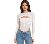 inhzoy Femme Hauts Combinaison pour Sortir Haut D'Unie Décolleté Combinaison Ajustée en Techwear Yk en Mesh Manches Longues Et Ajustée Rave Blanc M