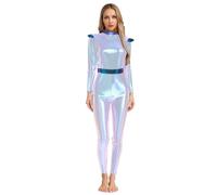 inhzoy Femme Métallisé Brillant Combinaison Robot Astronaute Costume Espace Alien Body Complet Cosplay Carnaval Rave Party Argent brillant M