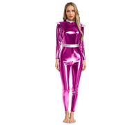 inhzoy Femme Métallisé Brillant Combinaison Robot Astronaute Costume Espace Alien Body Complet Cosplay Carnaval Rave Party Rose Vif 3XL