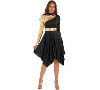 inhzoy Femme Robe de Danse Liturgique Manche Longue Métallique Brillante Robe Plissé Danse Lyrique Asymétrique Robe de Fête Cérémonie Soirée S-XXL A Noir M