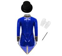 inhzoy Fille Garçon Costume De Magicien Enfant Ensemble Vêtement Directeur Cirque Entraînement Fête Thématique Bleu Royal 7-8 Ans