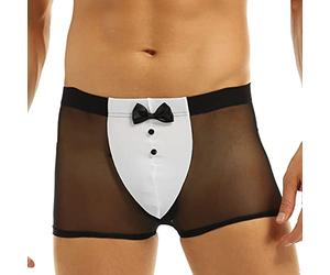 inhzoy Homme Boxer Déguisement Majordome Serveur Caleçon en Maille Transparent Nuisette Sexy Érotique sous-Vêtement de Nuit Jeu de Rôle Cosplay Lingerie Taille Basse M-2XL Noir L