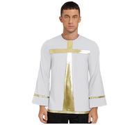 inhzoy Hommes Louange Métallique Croix Tunique Haut Manches Longues Pullover Église Chœur Costumes De Performance Blanc XL