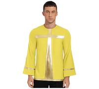 inhzoy Hommes Louange Métallique Croix Tunique Haut Manches Longues Pullover Église Chœur Costumes De Performance Jaune M