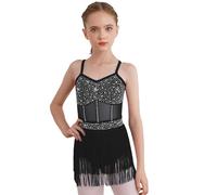inhzoy Justaucorps Gymnastique Rythmique Robe Danse Latine Scintillante avec Franges pour Filles Justaucorps Danse Classique Jazz Cha-Cha Noir 15-16 Ans
