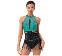 inhzoy Leotard De Danse Latine pour Femmes Col Halter sans Manches Franges Salsa Rumba Bodysuit Costume De Salon Sarcelle L