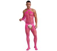 inhzoy Léotard Ouvert Entrejambe Homme Sissy Croisée Bodystocking Résille Fishnet Babydoll Justaucorps Transparant Nuisette Bodysuit Collant sans Manches A Rose Vif Taille Unique