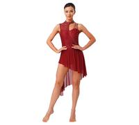 inhzoy Robe De Danse Lyrique Femme Jupe en Tulle Fluide Irrégulière Justaucorps pour Patinage Artistique Tenue De Danse Rouge L