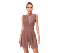 inhzoy Robe Patinage Artistique sur Glace Femme Tulle Robe Danse Ballet Latine Samba sans Manches Justaucorps Danse Gymnastique Soirée Bal Gala S-XXL Marron S