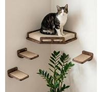 INICIO Étagère Murale Moderne et Durable à 3 marches pour Chat - Étagère Flottante élégante en Bouleau pour Chats jusqu'à 6,8 kg - Étagères d'angle en Bois avec perchoir rembourré - Marron