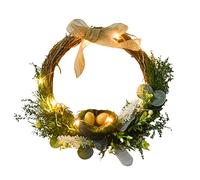 INIFLM Couronne d'œufs de Pâques avec guirlande lumineuse, guirlande de verdure artificielle avec herbe, nid d'oiseau et œufs à suspendre pour porte d'entrée, mur, jardin, décoration de Pâques