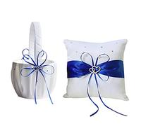 INIFLM Ensemble de bagues de mariage avec coussin et panier de demoiselle d'honneur en satin blanc avec double cœur en strass pour fête de mariage (bleu)