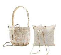 INIFLM Ensemble de panier et coussin porte-alliances, panier de fleurs en dentelle rustique avec nœud en satin pour cérémonie de mariage
