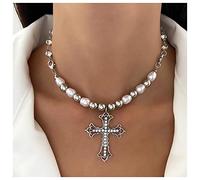 Inilbran Punk Grand Collier Croix En Cristal Collier Ras De Cou Argent Perle Collier Ras De Cou Vintage Croix Jésus Chaîne Collier Croix Gothique Strass Collier Collier Bijoux Pour Femmes Et Filles