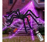 ININ Toile d'araignée lumineuse d'Halloween de 508 cm avec 250 lumières LED, décorations d'Halloween pour intérieur/extérieur, décorations de fête effrayantes avec araignée géante de 150 cm et toile