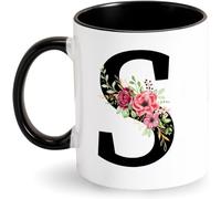 Initiale Tasse Personnalisée avec Motif Fleurs en Céramique Noire - Mug à Café Alphabet - Cadeau pour Femme, Ami, Maman, Collègue pour Anniversaire, Fête des mères (S)