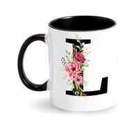 Initiale Tasse Personnalisée avec Motif Fleurs - Mug à Café Alphabet en Céramique Noir - Cadeau pour Femme, Ami, Maman, Collègue - Anniversaire, Fête des Mères (L)