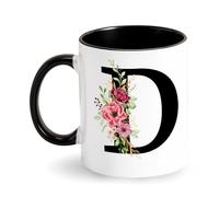 Initiale Tasse Personnalisée avec Motif Fleurs - Mug à Café Alphabet en Céramique Noire - Cadeau pour Femme, Ami, Maman, Collègue - Anniversaire, Fête des Mères (D)