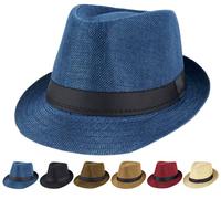 Initlove Chapeau Fedora unisexe classique Panama Chapeaux à bords courts Trilby, Bracelet noir bleu marine, Taille unique