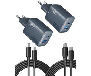 INIU Lot de 2 chargeurs USB C et A de 30 W, multiples, avec câble USB-C, fiche chargeur rapide PD 3.0, adaptateur USB C, pour iPhone 16 15 Pro Max, iPad Pro, Samsung S24 Ultra, téléphone portable, etc