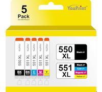 Ink Cartridges (Pack of 5) Replace CLI-551/PGI-551 with Chip 1x PGI-550PGBK XL, 1x CLI-551BK XL, 1x CLI-551C XL, 1x CLI-551M XL, 1x CLI-551Y XL for Canon Pixma IP7250/MG5450/MG6350