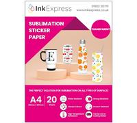 Ink Express Lot de 20 feuilles de papier autocollant transparent A4 - Compatible avec les imprimantes à sublimation Epson, Sawgrass - Couleurs vives, brillant, transparent, résistant à l'eau