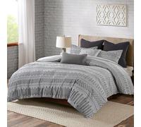 Ink+Ivy Rhea 100% Cotton Duvet Set Mid Century Modern Boho Design, All Season Comforter Cover Bedding Set, Matching Shams, Full/Queen, Geometric Clipped Jacquard Grey 3 Piece
