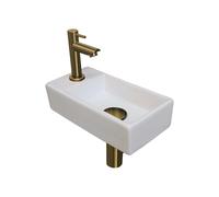 INK Versus Pack lave-mains 36x18x9cm 1 trou de robinet gauche Blanc brillant avec robinet, siphon et bonde Doré brossé mat 1805306